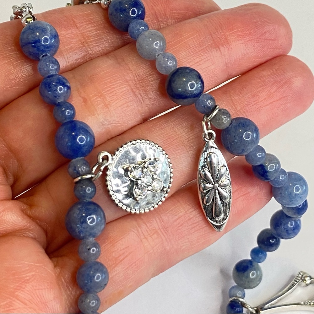 WHBM Blue Necklace Aventurine Stone Beaded Rhinestone Key Charm Long - Picture 10 of 14